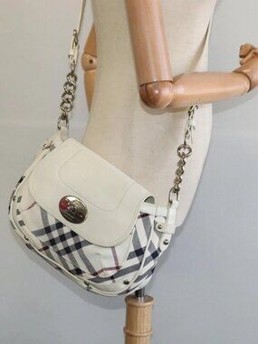 BURBERRY Nova Check Blue Label Bag Canvas Leather White Silver